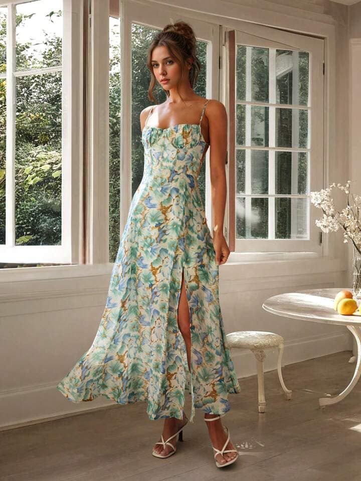 CM-DS104099 Women Trendy Bohemian Style Floral Allover Print Spaghetti Strap Backless Long Dress