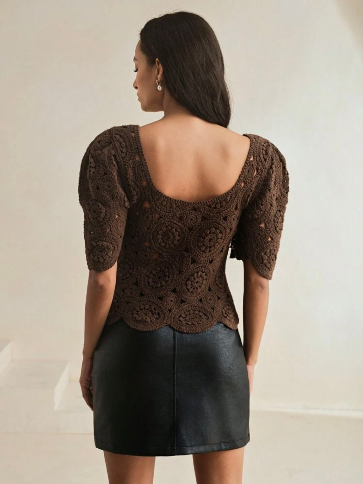 CM-TS750308 Women Casual Seoul Style Crochet Hollow-Out Balloon Sleeve Beaded T-Shirt - Coffee Brown