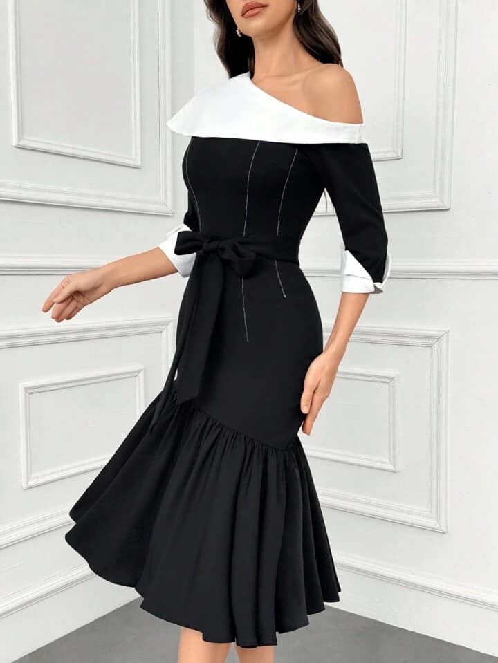 CM-DS292796 Women ELegant Seoul Style Color Block Asymmetric Collar 3/4 Sleeve Dress