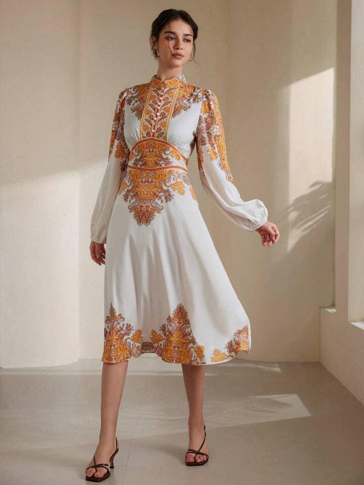 CM-DS255291 Women Elegant European Style Waist Cinched Long Sleeve Dress With Button Decor Print