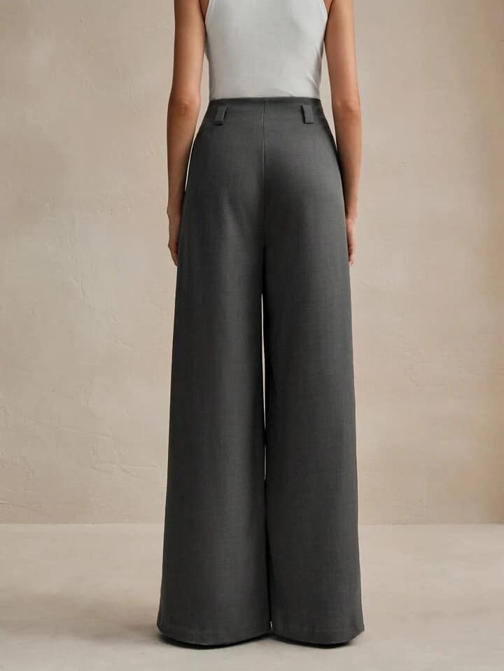 CM-BS007887 Women Elegant Seoul Style High Waist Wide Leg Split Hem Trousers - Dark Gray