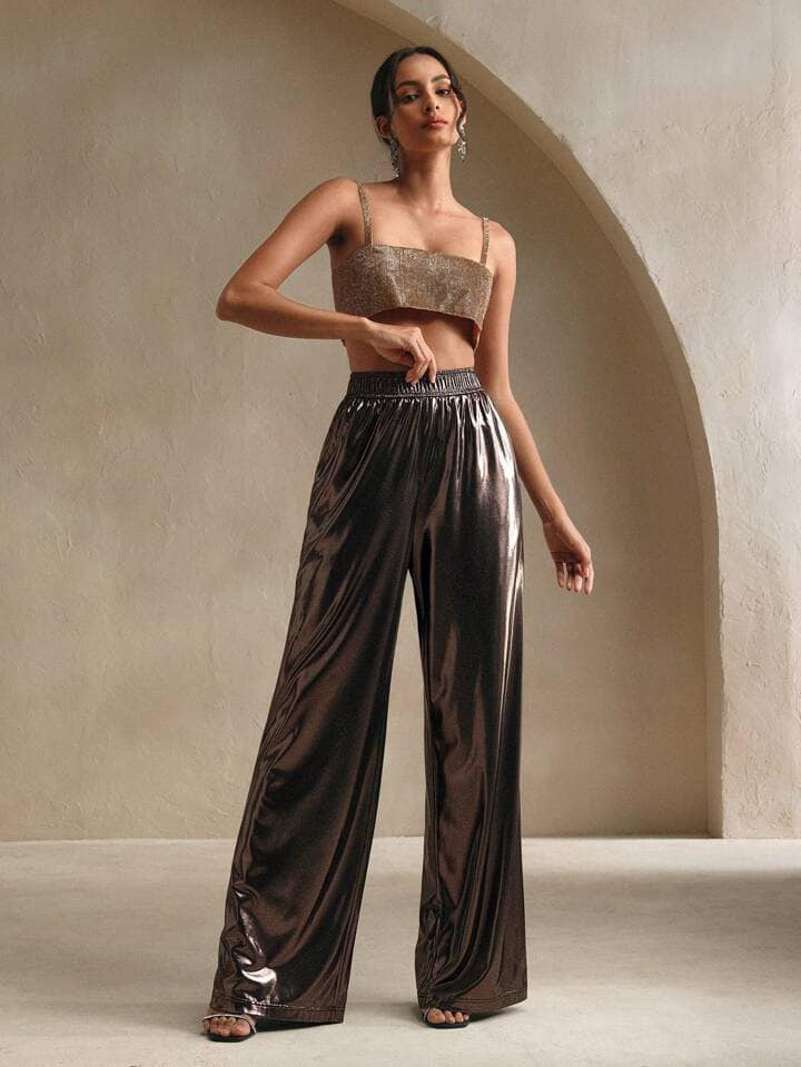 CM-BS263693 Women Elegant Seoul Style Elastic Waist PU Leather Wide-Leg Pants - Gold