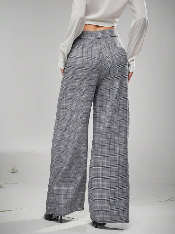 CM-BS706036 Women Elegant Seoul Style Plaid Fold Asymmetrical Wide Leg Pants