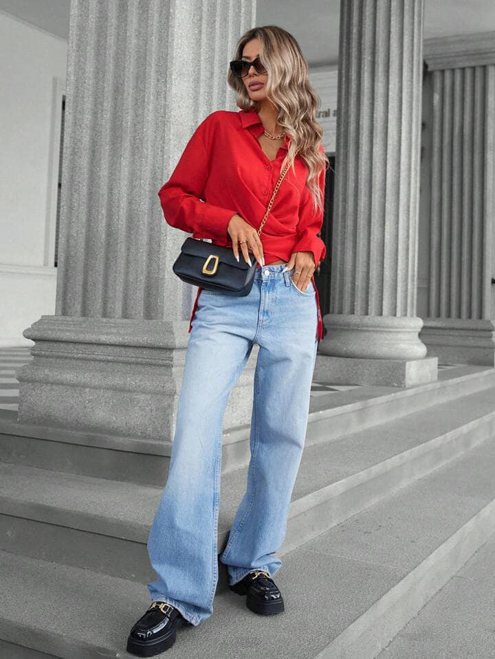 CM-TS464268 Women Elegant Seoul Style Collared Cross-Front Chiffon Long Sleeve Blouse