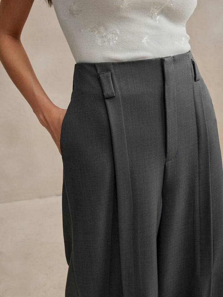 CM-BS007887 Women Elegant Seoul Style High Waist Wide Leg Split Hem Trousers - Dark Gray