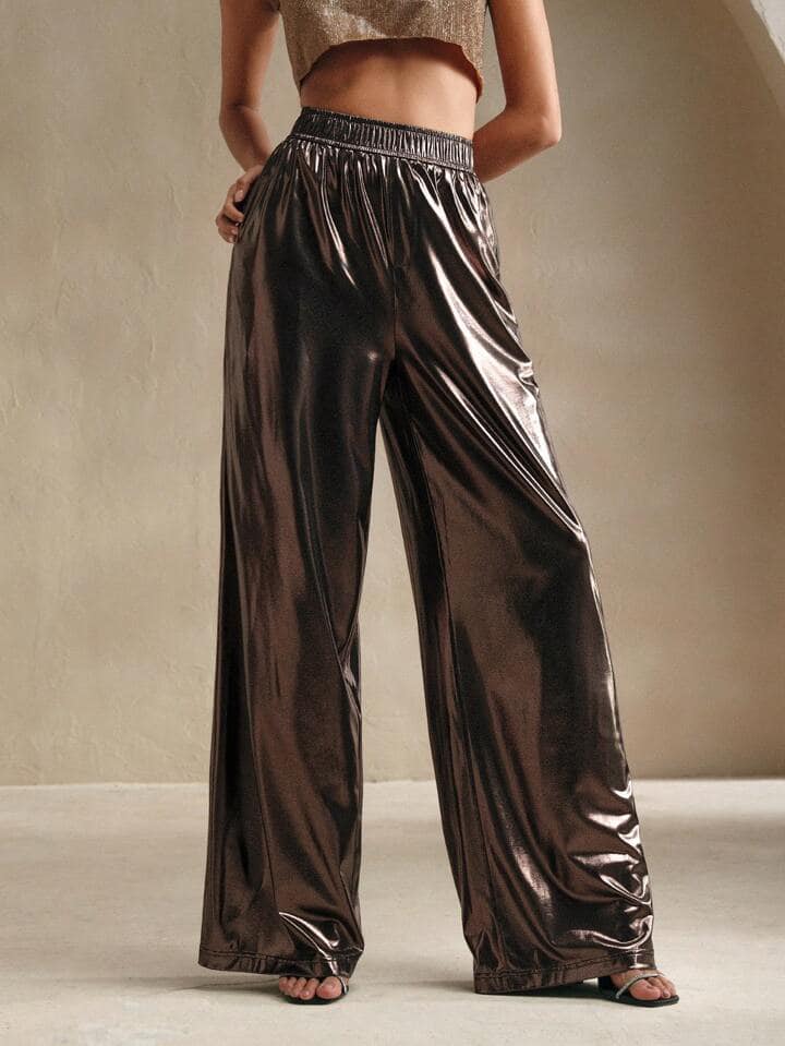 CM-BS263693 Women Elegant Seoul Style Elastic Waist PU Leather Wide-Leg Pants - Gold