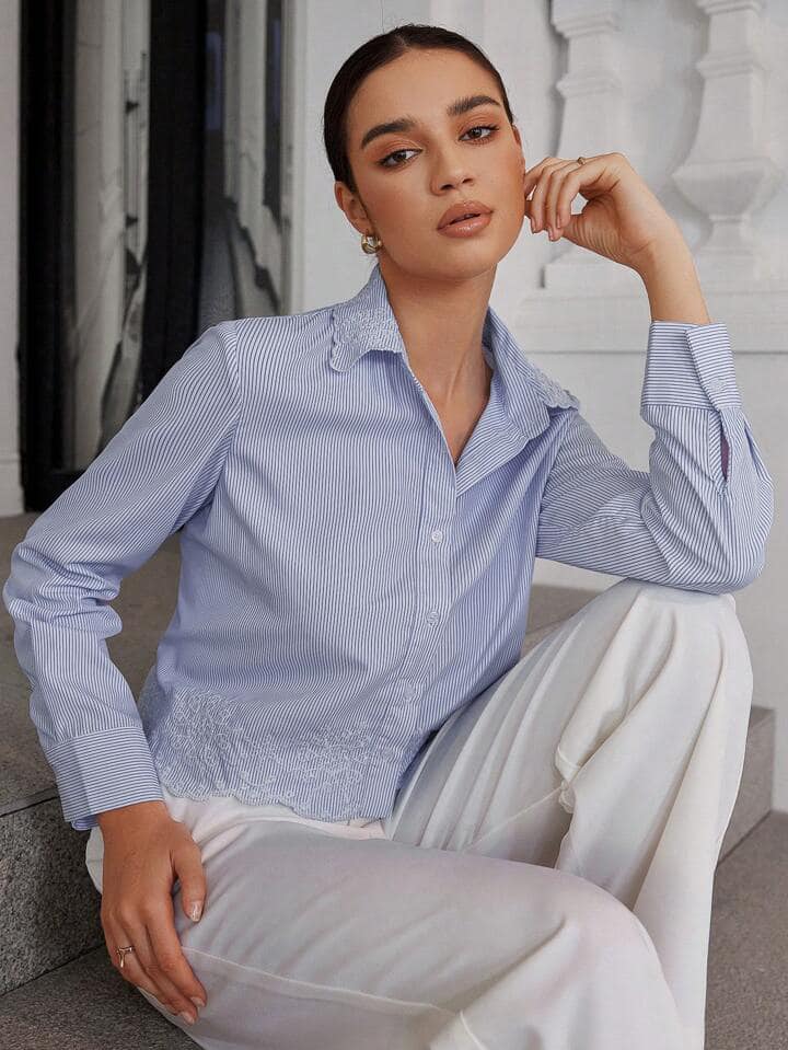 CM-TS440279 Women Casual Seoul Style Embroidery Details Striped Collar Short Sleeve Shirt
