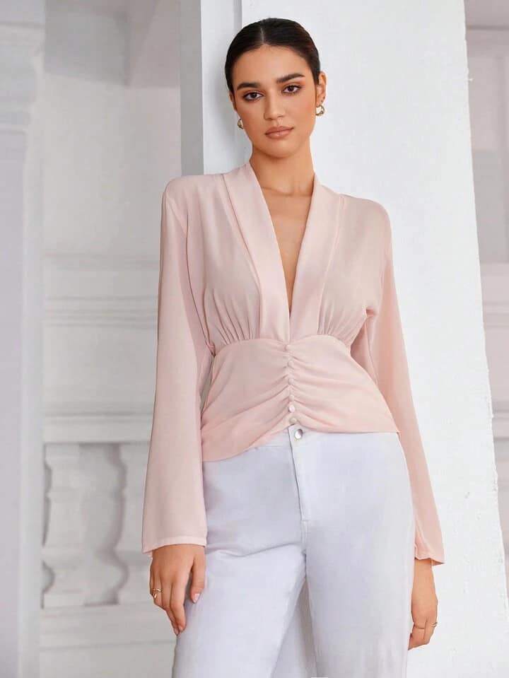 CM-TS475848 Women Elegant Seoul Style V-Neck Faux Button Waistband Ruched Long Sleeve Blouse