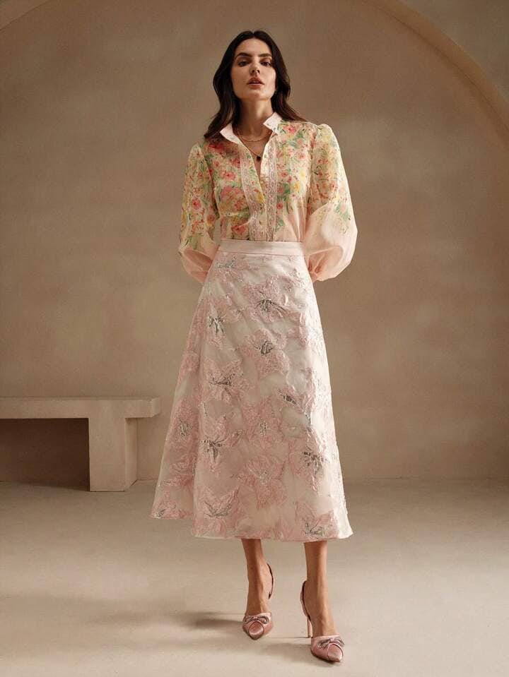 CM-TS509375 Women Trendy Bohemian Style Lace Splice Print Notched Neckline Long Sleeve Blouse