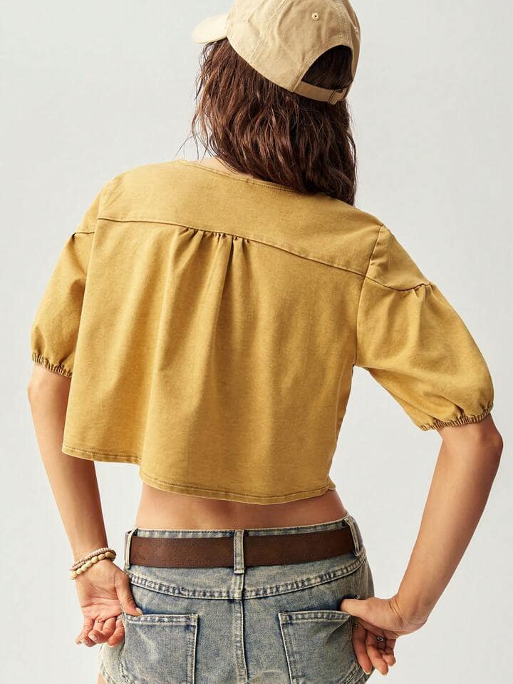 CM-TS430480 Women Trendy Bohemian Style Embroidered Decor V-Neck Short Sleeve Blouse