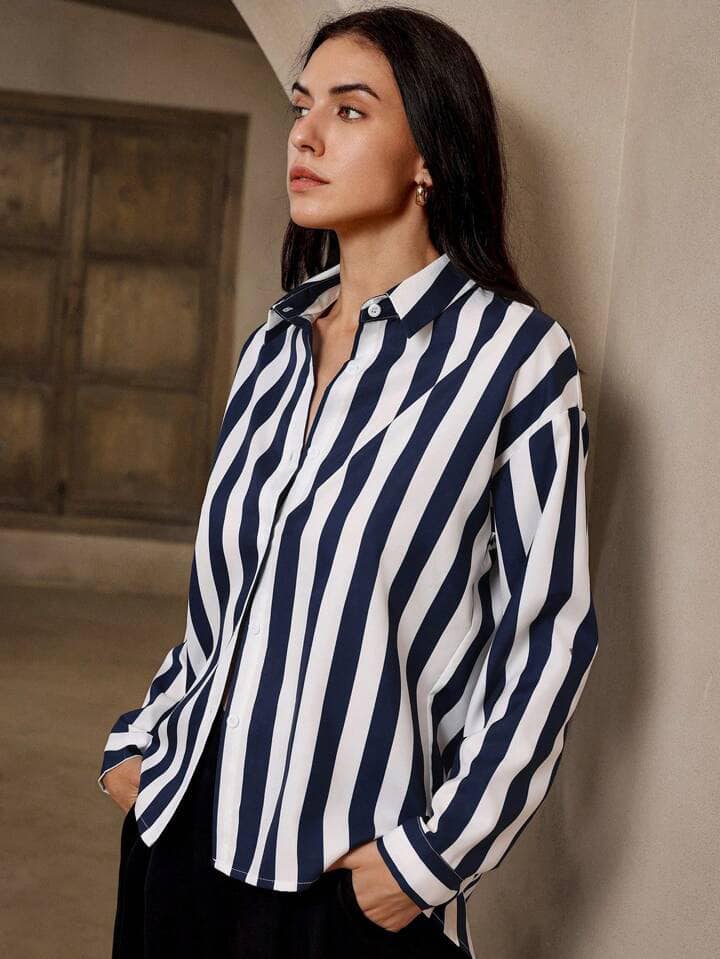 CM-TS261303 Women Casual Seoul Style Collar Neckline Striped Long Sleeve Shirt - Blue