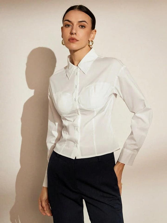 CM-TS681381 Women Elegant Seoul Style Waist-Cutting Padded Bust Long Sleeve Shirt - White