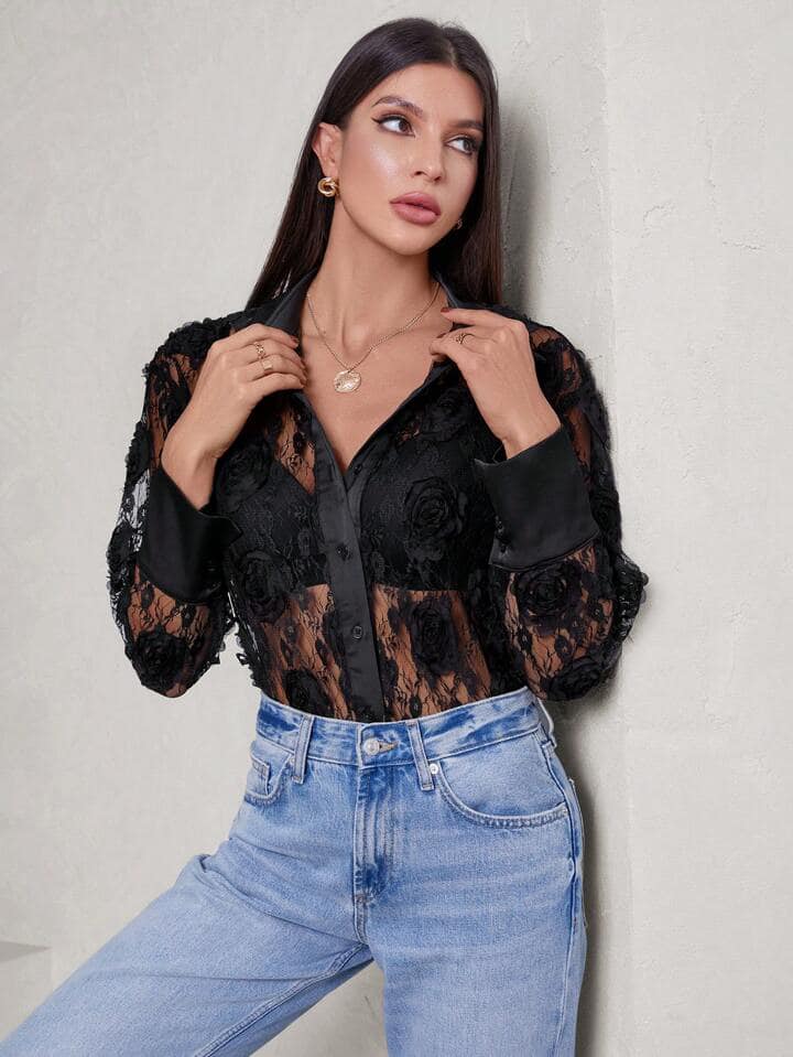 CM-TS674377 Women Casual Seoul Style Minimalist Rose 3D Embroidery Sheer Long Sleeve Blouse