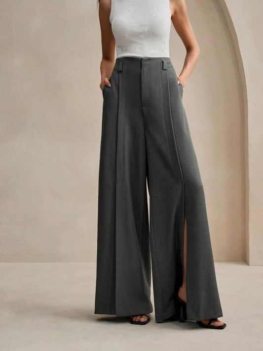 CM-BS007887 Women Elegant Seoul Style High Waist Wide Leg Split Hem Trousers - Dark Gray