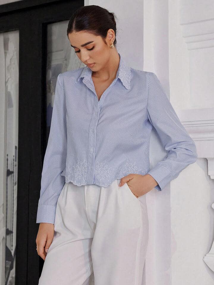 CM-TS440279 Women Casual Seoul Style Embroidery Details Striped Collar Short Sleeve Shirt