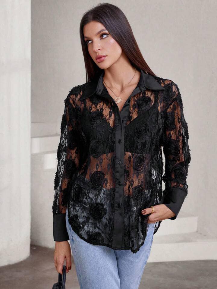 CM-TS674377 Women Casual Seoul Style Minimalist Rose 3D Embroidery Sheer Long Sleeve Blouse