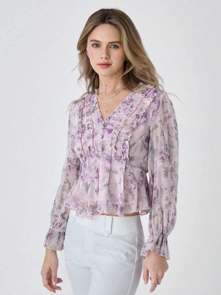 CM-TS586855 Women Elegant Seoul Style Lace Lace Floral Print Long-Sleeved Shirt - Purple