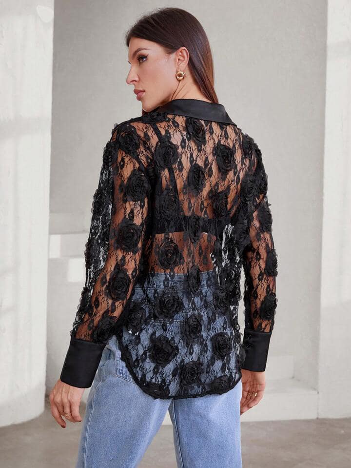 CM-TS674377 Women Casual Seoul Style Minimalist Rose 3D Embroidery Sheer Long Sleeve Blouse