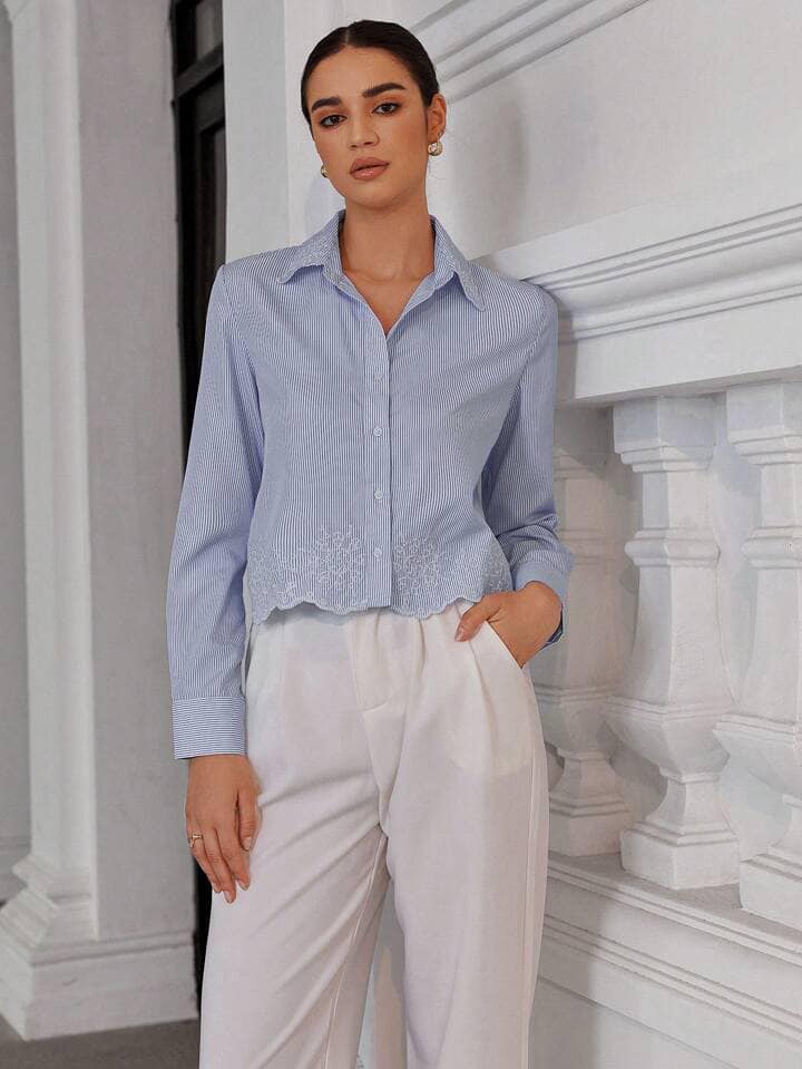 CM-TS440279 Women Casual Seoul Style Embroidery Details Striped Collar Short Sleeve Shirt
