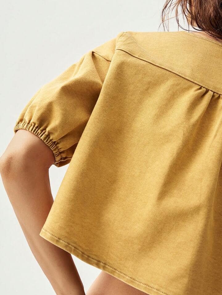 CM-TS430480 Women Trendy Bohemian Style Embroidered Decor V-Neck Short Sleeve Blouse