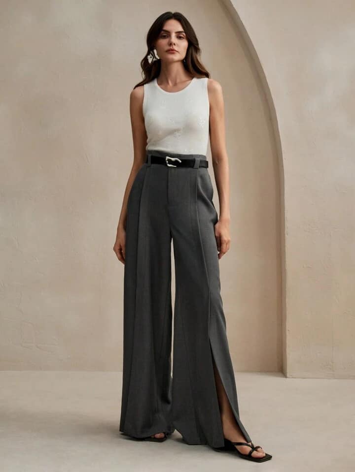 CM-BS007887 Women Elegant Seoul Style High Waist Wide Leg Split Hem Trousers - Dark Gray