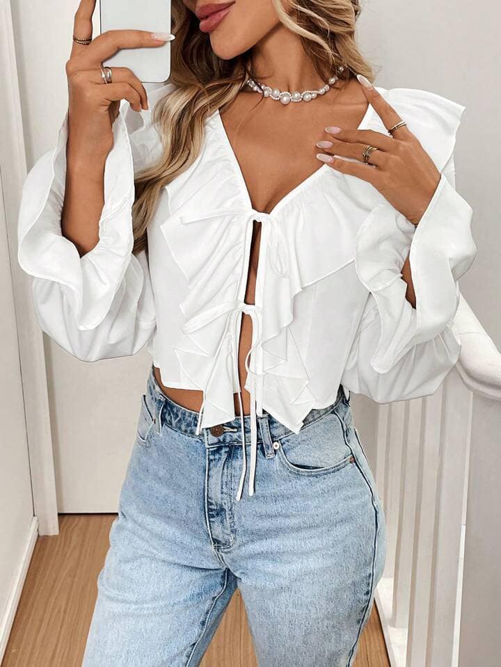 CM-TS965576 Women Casual Seoul Style Ruffle Tie Bow V-Neck Long Sleeve Shirt - White