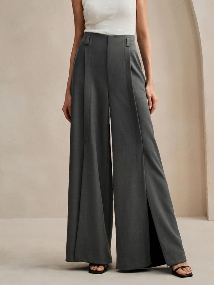 CM-BS007887 Women Elegant Seoul Style High Waist Wide Leg Split Hem Trousers - Dark Gray