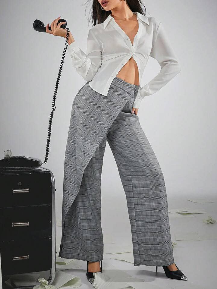 CM-BS706036 Women Elegant Seoul Style Plaid Fold Asymmetrical Wide Leg Pants