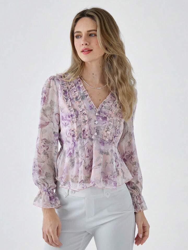 CM-TS586855 Women Elegant Seoul Style Lace Lace Floral Print Long-Sleeved Shirt - Purple