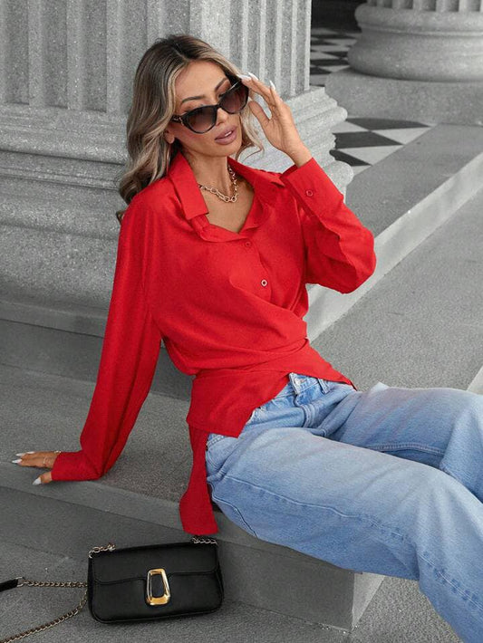 CM-TS464268 Women Elegant Seoul Style Collared Cross-Front Chiffon Long Sleeve Blouse