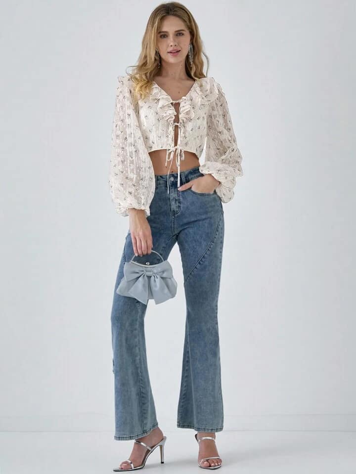 CM-TS988787 Women Casual Seoul Style Ditsy Floral Ruffle Front Tie Lantern Sleeve Cropped Shirt