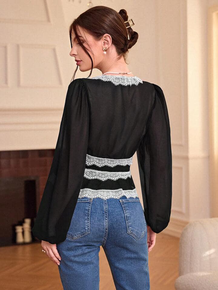 CM-TS966542 Women Elegant Seoul Style Random Lace Trim Patchwork Short Sleeve Blouse - Black