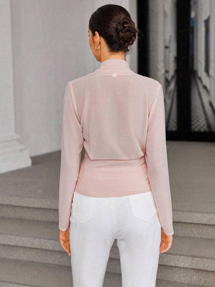 CM-TS475848 Women Elegant Seoul Style V-Neck Faux Button Waistband Ruched Long Sleeve Blouse