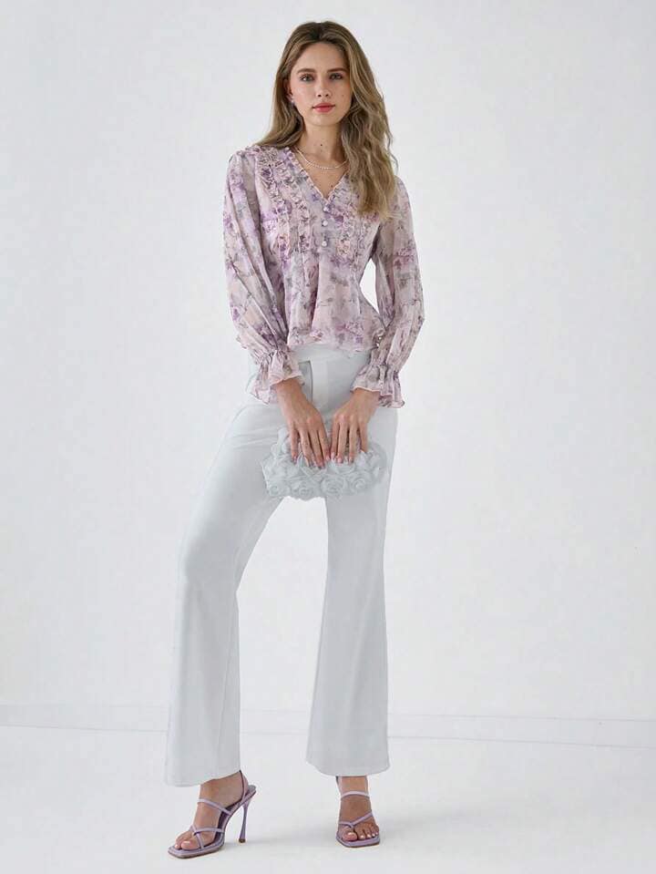 CM-TS586855 Women Elegant Seoul Style Lace Lace Floral Print Long-Sleeved Shirt - Purple