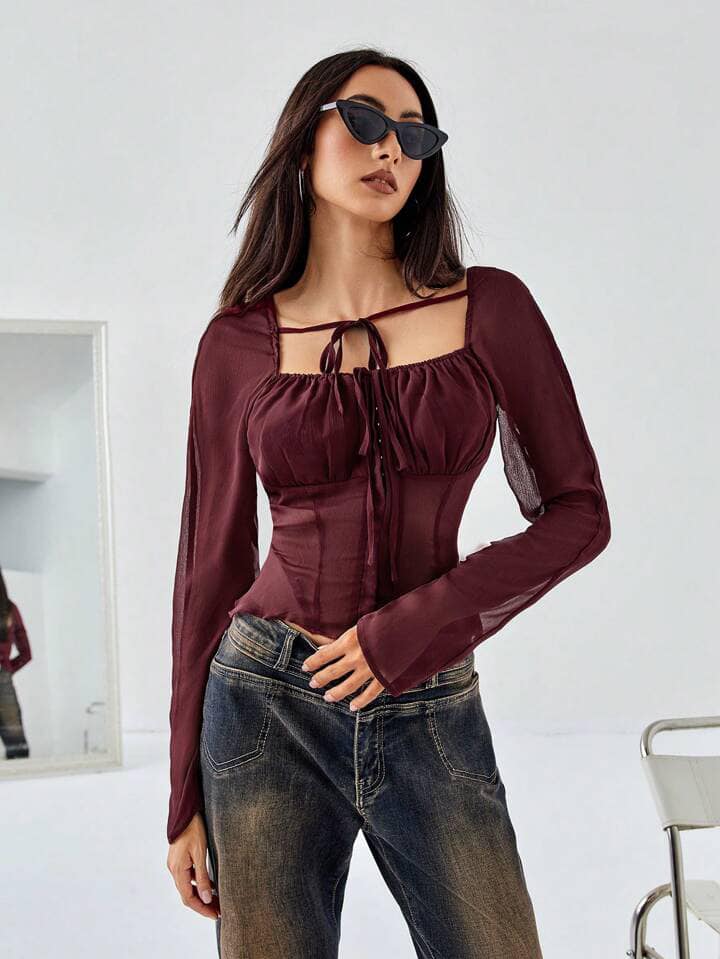 CM-TS019662 Women Casual Seoul Style Square Neckline Long Sleeve Mesh See-Through Top