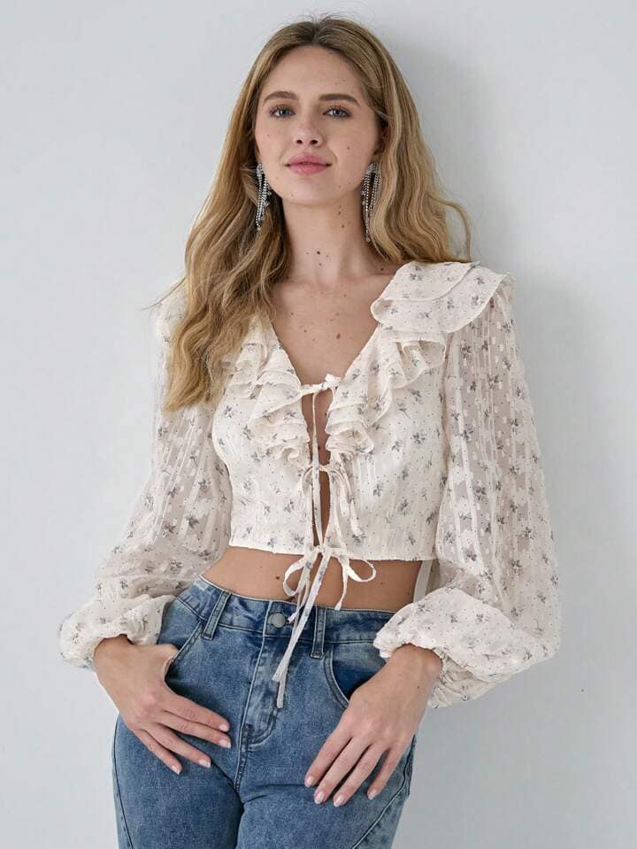 CM-TS988787 Women Casual Seoul Style Ditsy Floral Ruffle Front Tie Lantern Sleeve Cropped Shirt