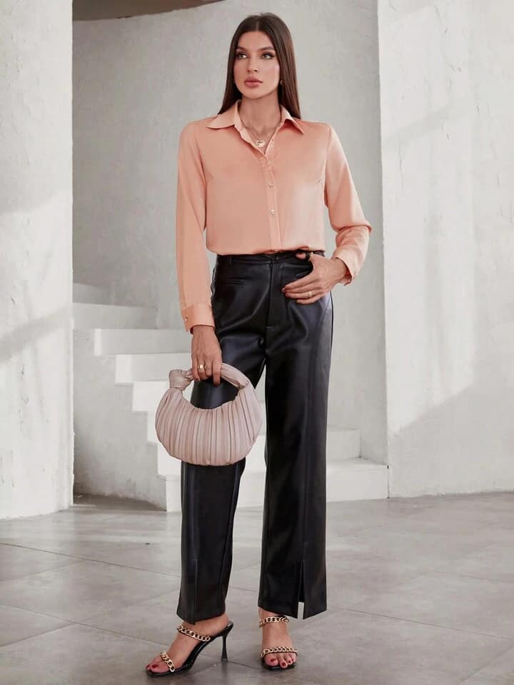 CM-TS961172 Women Casual Seoul Style Collar Neckline Shoulder Straps Long Sleeve Shirt