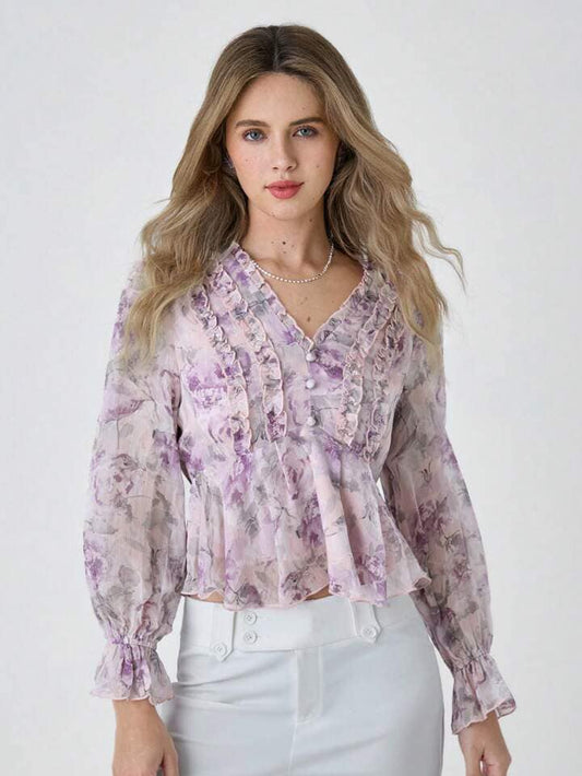 CM-TS586855 Women Elegant Seoul Style Lace Lace Floral Print Long-Sleeved Shirt - Purple