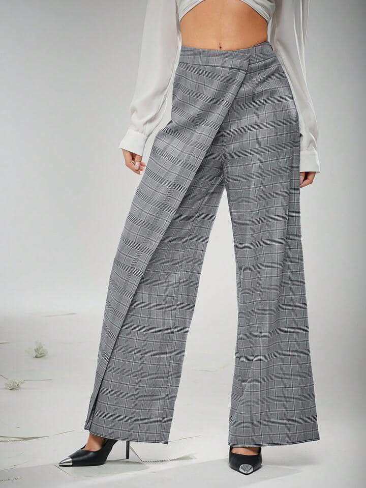 CM-BS706036 Women Elegant Seoul Style Plaid Fold Asymmetrical Wide Leg Pants