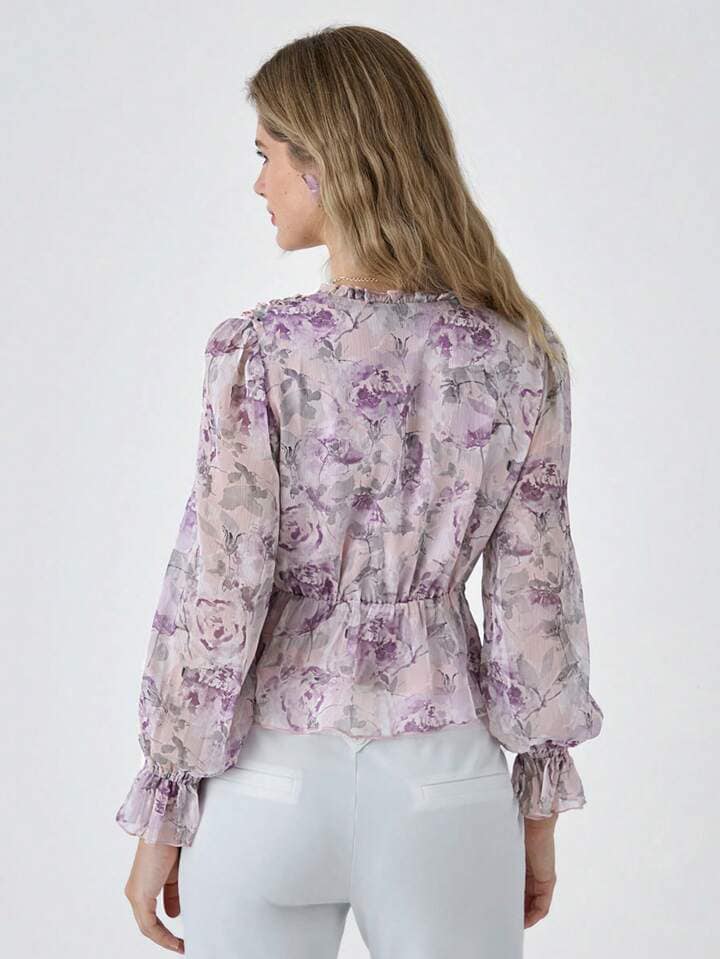 CM-TS586855 Women Elegant Seoul Style Lace Lace Floral Print Long-Sleeved Shirt - Purple