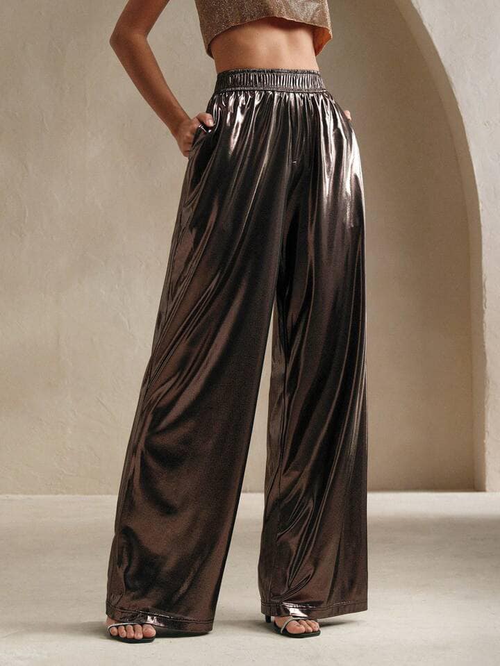 CM-BS263693 Women Elegant Seoul Style Elastic Waist PU Leather Wide-Leg Pants - Gold