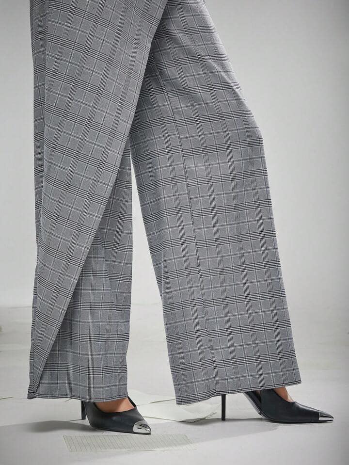 CM-BS706036 Women Elegant Seoul Style Plaid Fold Asymmetrical Wide Leg Pants