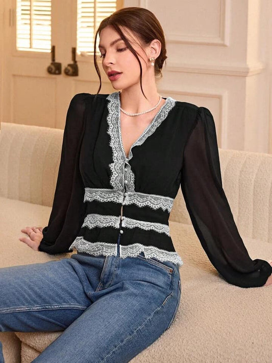 CM-TS966542 Women Elegant Seoul Style Random Lace Trim Patchwork Short Sleeve Blouse - Black