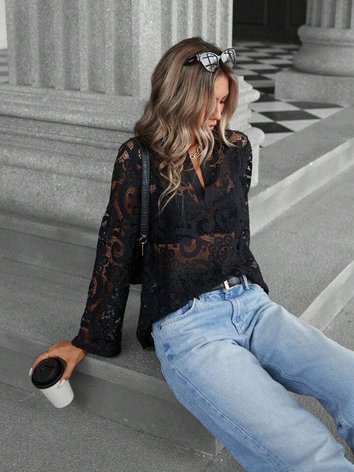CM-TS021089 Women Elegant Seoul Style V-Neck Long Sleeve Lace Hollow Out Loose Blouse