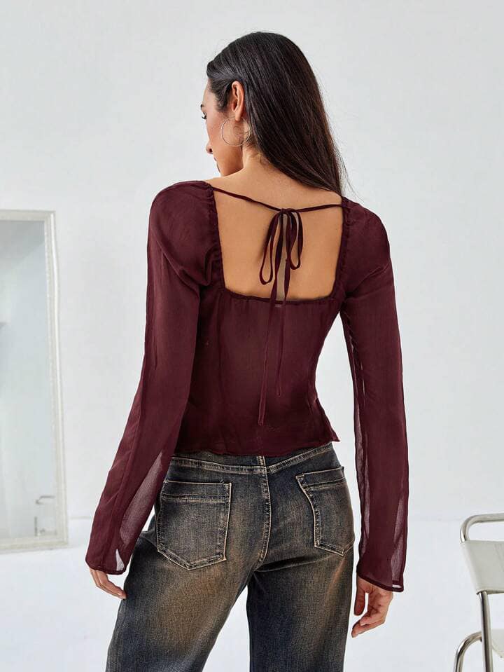 CM-TS019662 Women Casual Seoul Style Square Neckline Long Sleeve Mesh See-Through Top