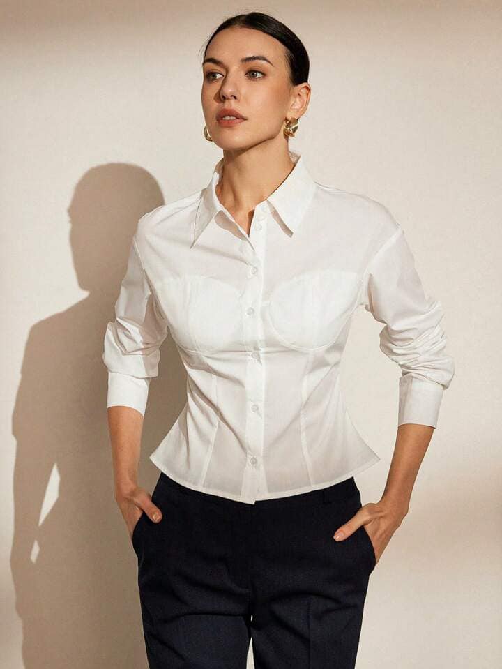 CM-TS681381 Women Elegant Seoul Style Waist-Cutting Padded Bust Long Sleeve Shirt - White