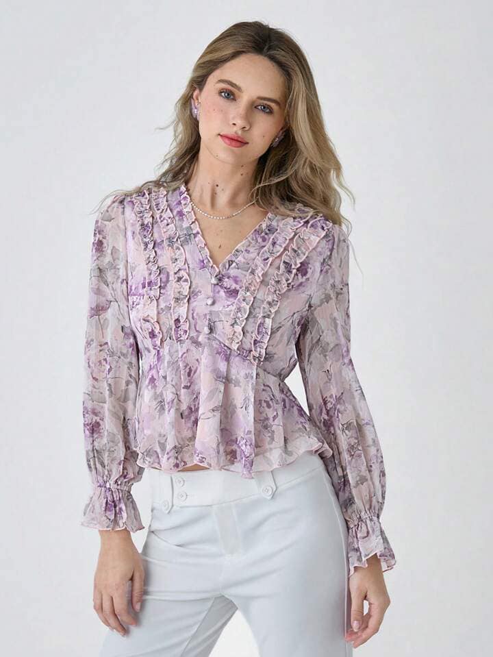 CM-TS586855 Women Elegant Seoul Style Lace Lace Floral Print Long-Sleeved Shirt - Purple