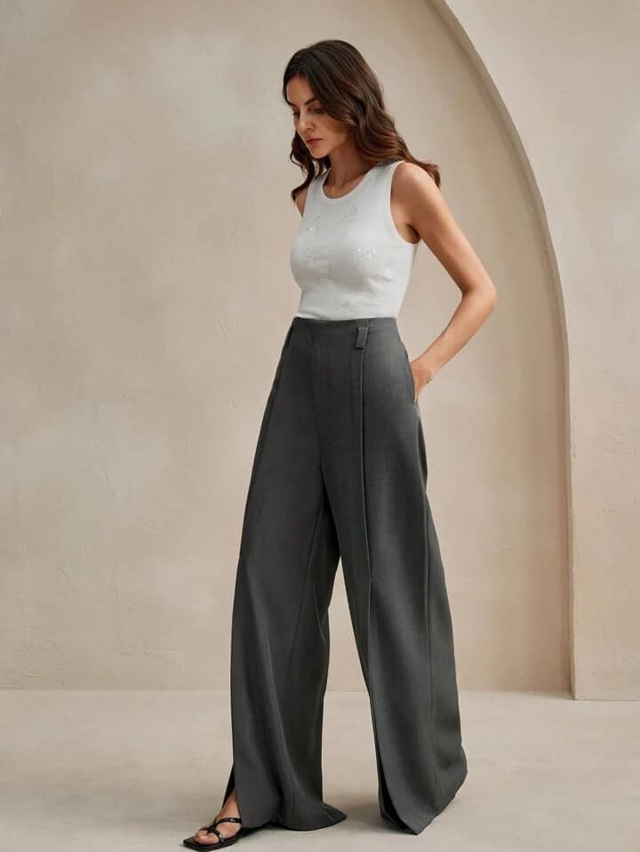 CM-BS007887 Women Elegant Seoul Style High Waist Wide Leg Split Hem Trousers - Dark Gray