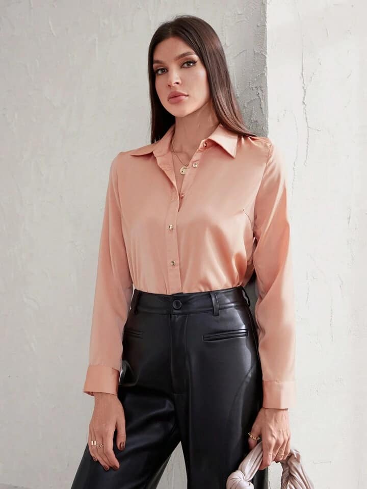 CM-TS961172 Women Casual Seoul Style Collar Neckline Shoulder Straps Long Sleeve Shirt