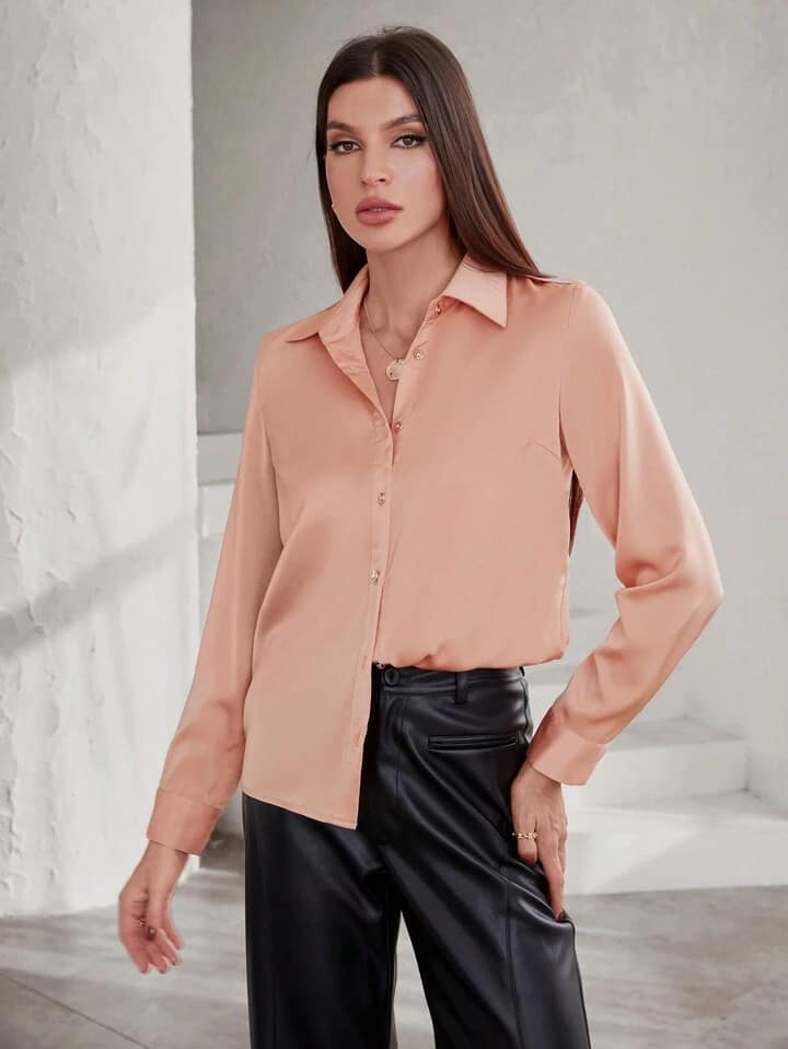 CM-TS961172 Women Casual Seoul Style Collar Neckline Shoulder Straps Long Sleeve Shirt
